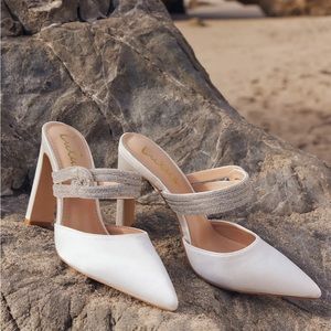 White Satin Rhinestone Pointed-Toe Mule Pumps